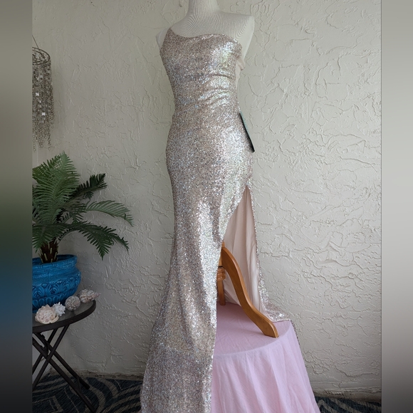 Champagne Sequin Gown, One-Shouldered Spaghetti Strap w/ Sweep Train by B. Smart - Picture 6 of 16